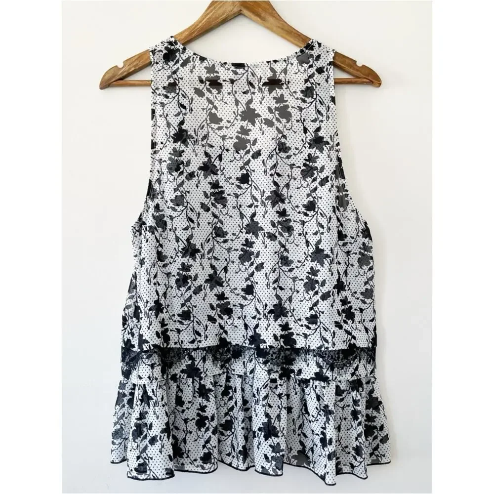 CAbi Black & White Floral Ruffle Tiered Tank Size Medium LIKE NEW
